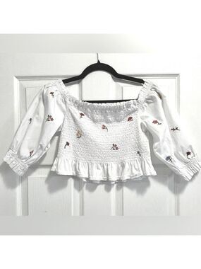 Zara Smocked Off the Shoulder Floral Cropped Top Puff Sleeves White Cotton Small